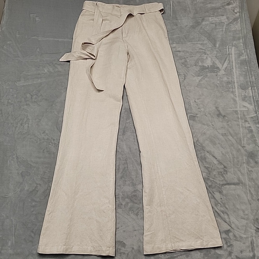 Max Jeans Pants Womens 2 Beige Wide Leg Linen Blend Self Tie Belt Coastal Boho
